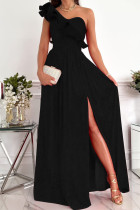 黒のセクシーなエレガントなプリントパッチワークフラウンス斜めの襟のドレス
