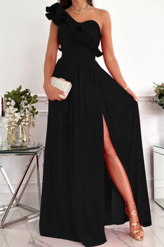 Black Sexy Elegant Print Patchwork Flounce Oblique Collar Dresses