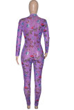 Фиолетовый сексуальный узкий комбинезон с воротником-молнией и принтом бабочки в стиле пэчворк