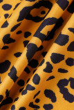 Yellow Casual Print Leopard Patchwork Slit V Neck Plus Size Two Pieces