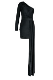 ブラックセレブリティソリッドパッチワーク非対称斜めカラーイブニングドレスドレス