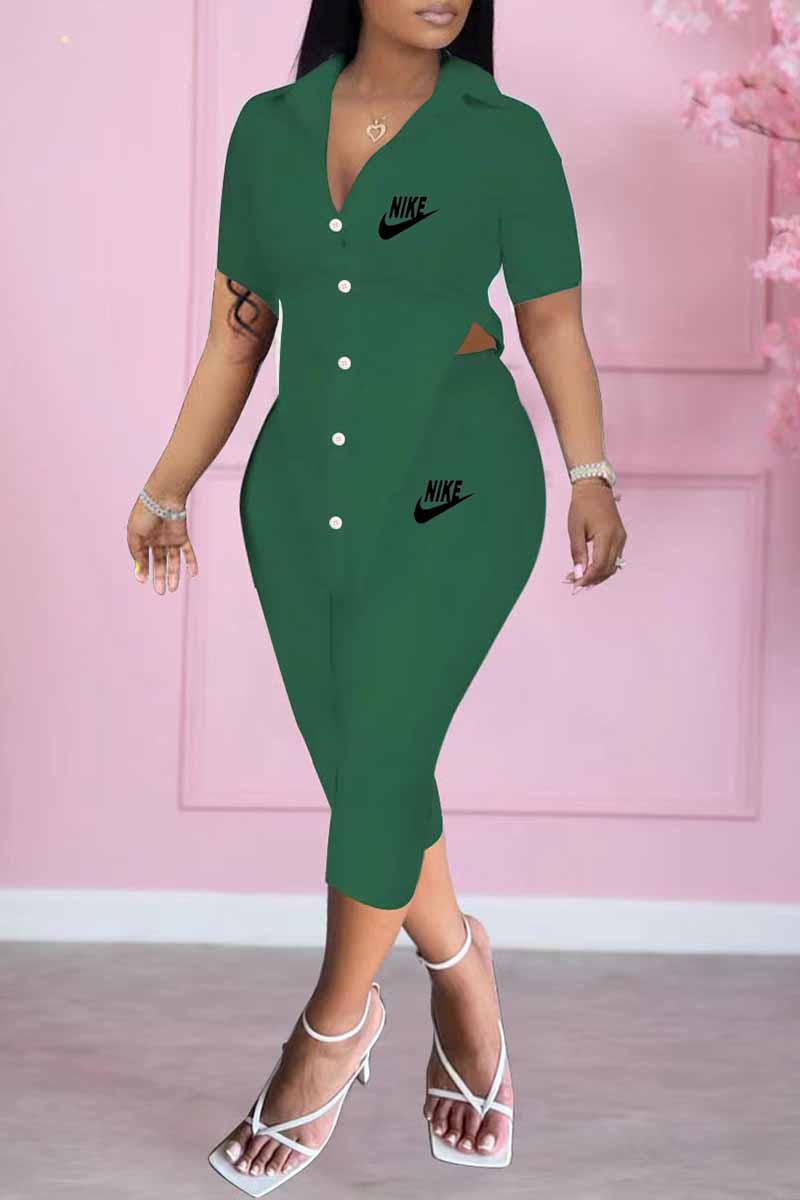 

Army Green Fashion Casual Print Patchwork Letter Turndown Collar Short Sleeve Two Pieces