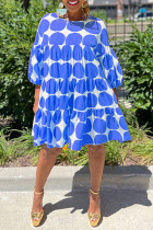 Vestidos azuis casuais com estampa de patchwork decote a linha