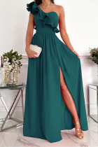Green Sexy Elegant Print Patchwork Flounce Oblique Collar Dresses