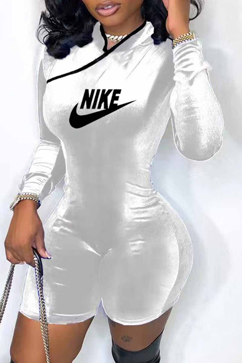 

White Fashion Casual Print Letter Mandarin Collar Jumpsuits
