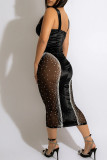 Black Sexy Solid Patchwork See-through Hot Drill Spaghetti Strap One Step Skirt Dresses