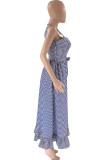 Rose Rouge Casual Sweet Striped Print Patchwork Buckle Spaghetti Strap Sling Dress Robes