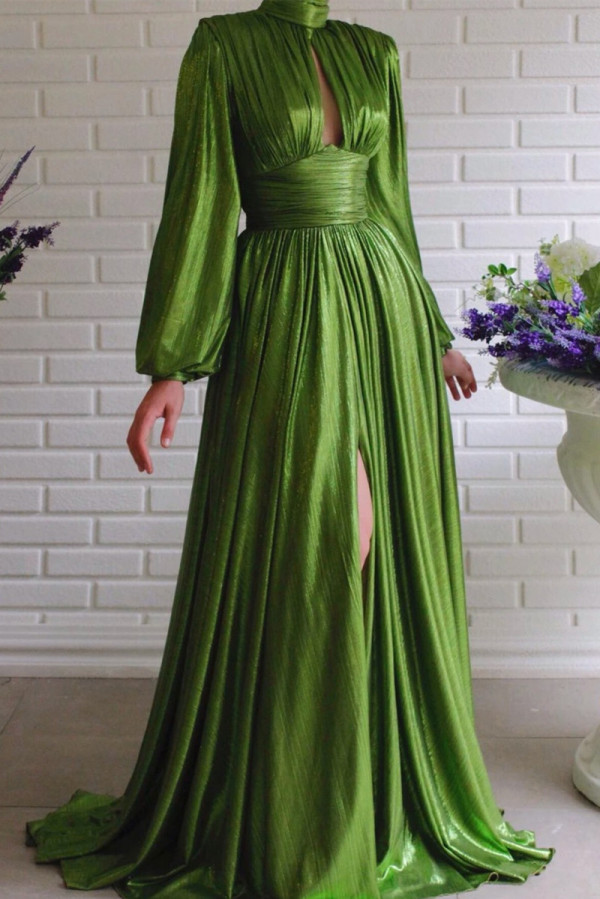 Зеленые модные однотонные платья с длинным рукавом и водолазкой в ​​стиле пэчворк с разрезом