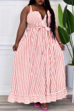 Rose Red Casual Sweet Striped Print Patchwork Buckle Spaghetti Strap Sling Dress Kleider