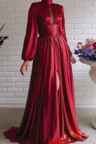 Red Fashion Solid Hollowed Out Patchwork Slit Turtleneck Long Sleeve Dresses