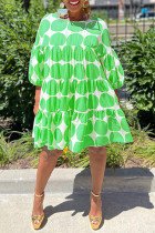 Зеленые повседневные платья в стиле пэчворк с милым принтом и круглым вырезом