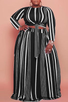 Черный Повседневный полосатый бинт с принтом в стиле пэчворк с круглым вырезом и длинным рукавом из двух частей