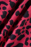 Röd Casual Print Leopard Patchwork Slit V-hals Plus storlek två delar