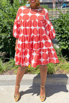 Красные повседневные платья в стиле пэчворк со сладким принтом и круглым вырезом
