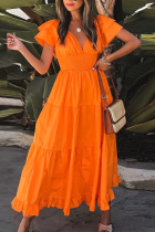 Tangerine Red Casual Solid Flounce V Neck Waist Skirt Dresses