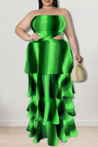 Falda de pastel sin tirantes de patchwork ahuecada con estampado de rayas sexy verde Vestidos de talla grande
