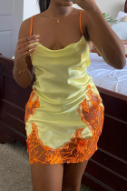Yellow Sexy Patchwork Lace Spaghetti Strap Straight Dresses