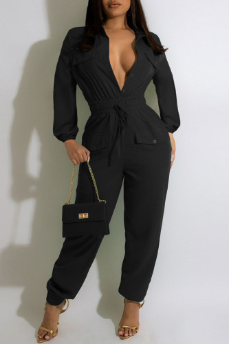 Black Casual Solid Patchwork Buckle Turndown Collar Jumpsuits
