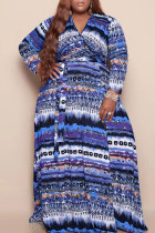 Blue Casual Print Bandage Patchwork V Neck Long Sleeve Plus Size Dresses