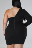 Zwarte sexy effen patchwork asymmetrische avondjurk plus size jurken