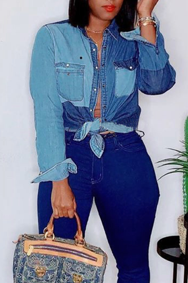 Giacca di jeans regolare manica lunga con fibbia casual patchwork blu