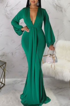 Зеленое сексуальное однотонное вечернее платье в стиле пэчворк с V-образным вырезом Платья