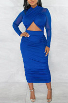 Синее сексуальное сплошное выдолбленное лоскутное платье-юбка-карандаш