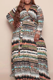 Хаки Повседневная печать Бандаж Пэчворк V-образным вырезом с длинным рукавом Платья больших размеров
