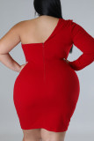 Red Sexy Solid Patchwork Asymmetrical Evening Dress Plus Size Dresses