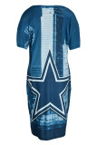 Глубокое синее модное повседневное платье с принтом в стиле пэчворк и V-образным вырезом с коротким рукавом