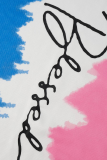 Dos piezas de manga corta con cuello en O de patchwork con estampado de moda azul claro