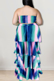 Black Sexy Striped Print Hollowed Out Patchwork Strapless Cake Skirt Plus Size Dresses