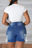 Pantalones cortos de mezclilla regular de cintura alta con accesorios de metal de patchwork sólido informal azul medio