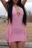 ピンクのセクシーなソリッドパッチワークフード付きカラーペンシルスカートドレス