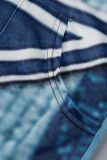 Vestido de manga curta azul cinza moda casual estampa patchwork decote em v