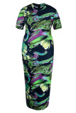 Green Sexy Print Patchwork O Neck One Step Skirt Plus Size Dresses