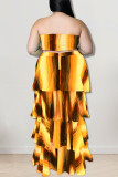 Желтый сексуальный полосатый принт выдалбливают лоскутное платье без бретелек торт юбка плюс размер платья