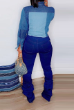 Blaue, lässige Patchwork-Schnalle, langärmlige reguläre Jeansjacke