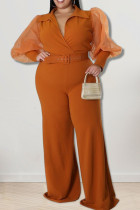 Oranje casual effen patchwork V-hals jumpsuits in grote maten