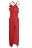 Vestidos de saia lápis vermelho sexy sólido com alça de espaguete e abertura alta