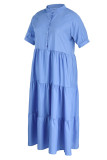 ライトブルーカジュアルソリッドパッチワークフォールドターンダウンカラーストレートプラスサイズのドレス