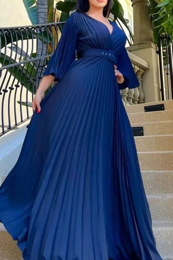 深みのあるブルーのカジュアルなソリッドパッチワークは、ベルトVネックのイブニングドレスドレスで折りたたむ