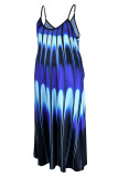 Blå Sexig Casual Plus Size Print Backless V-neck Sling Dress