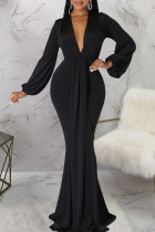 Черное сексуальное однотонное вечернее платье в стиле пэчворк с V-образным вырезом Платья