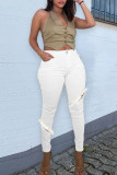 Witte casual effen uitgeholde patchwork veren hoge taille denim jeans