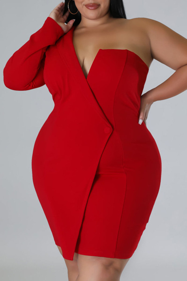 赤のセクシーなソリッドパッチワーク非対称イブニングドレスプラスサイズのドレス