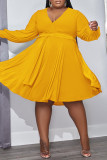 黄色のカジュアルな固体包帯パッチワークVネック長袖プラスサイズのドレス