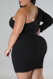 Black Sexy Solid Patchwork Asymmetrical Evening Dress Plus Size Dresses