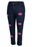 Dark Blue Fashion Casual Lips Printed Patchwork Plus Size Jeans