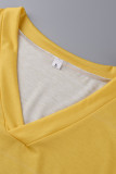 Robe de mode décontractée imprimé patchwork col en V sans manches grande taille jaune